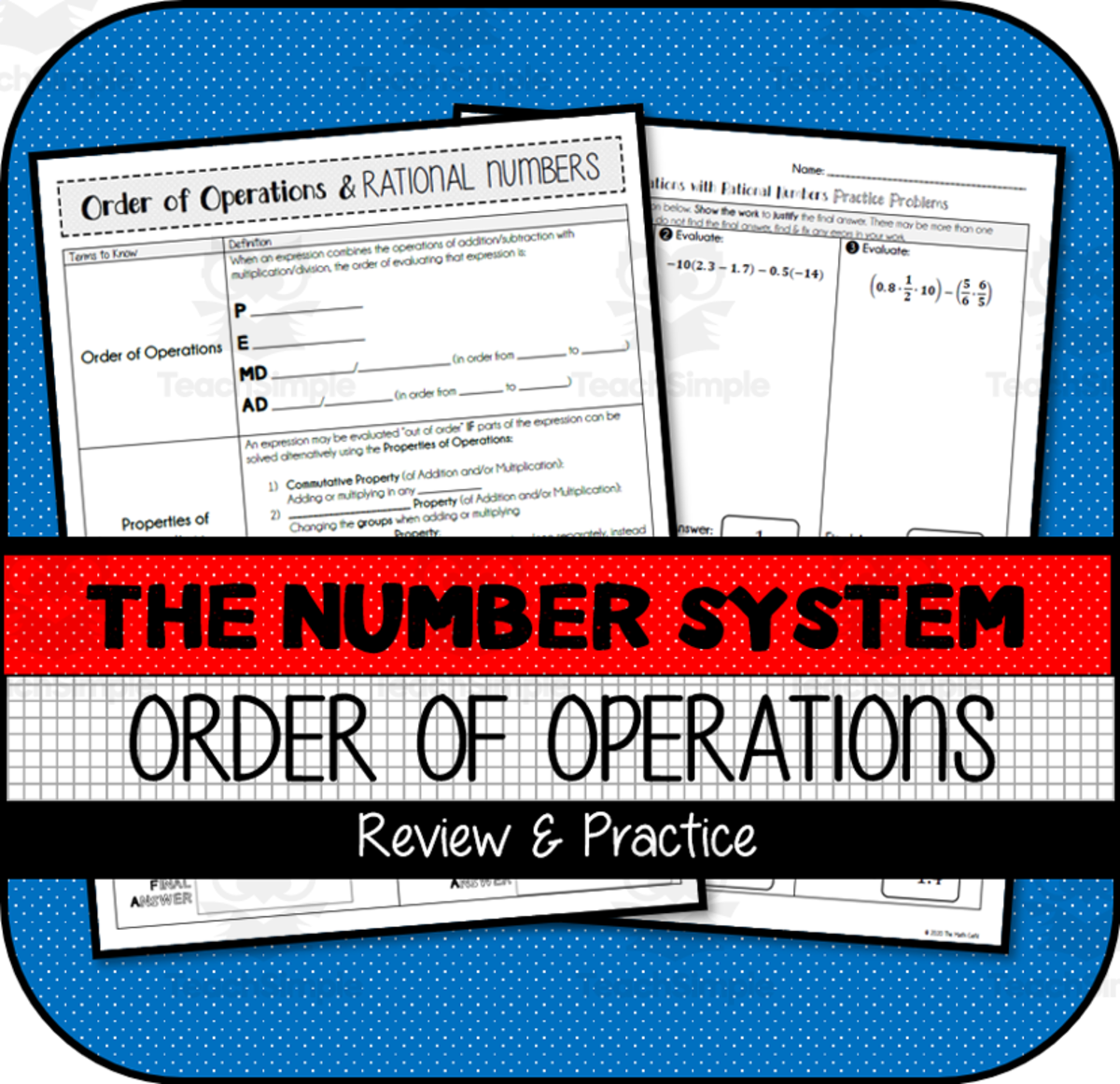 An educational teaching resource from The Math Cafe entitled Order of Operations with Rational Numbers NOTES & PRACTICE downloadable at Teach Simple.