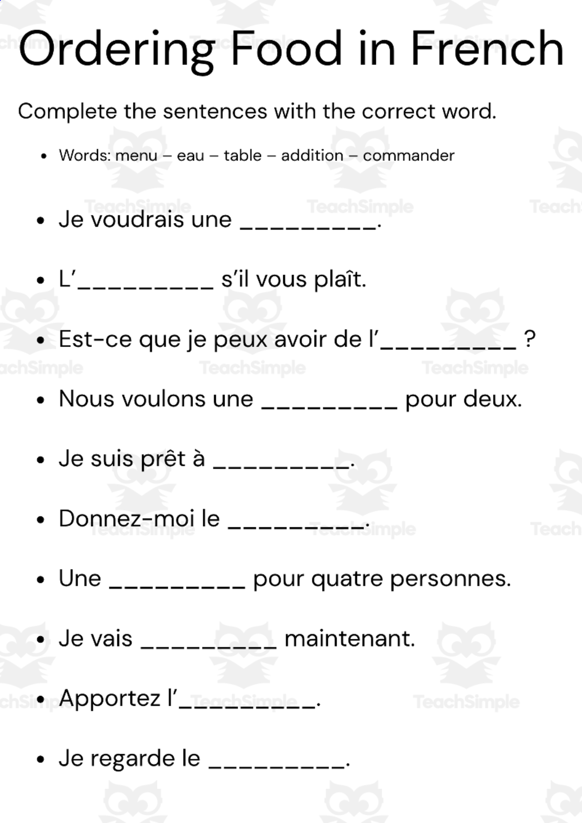An educational teaching resource from MultiLingual Grammar Lab entitled ordering food in french worksheets downloadable at Teach Simple.