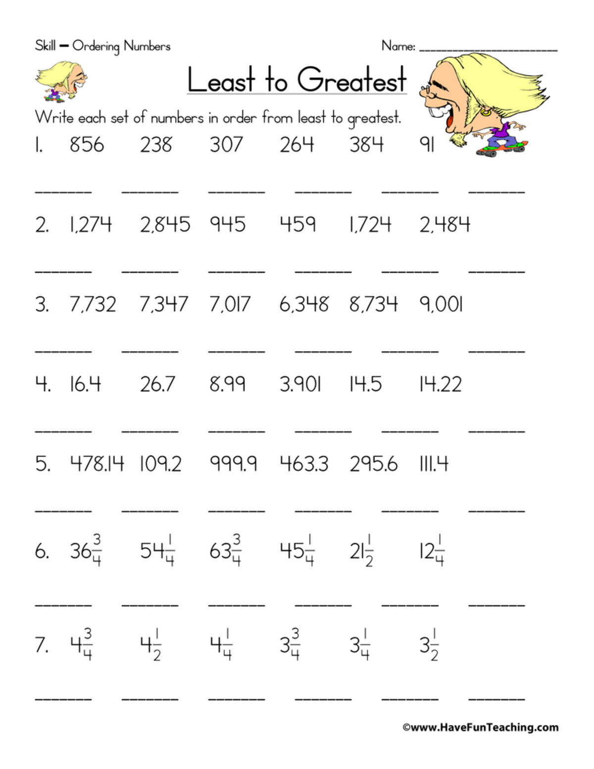 An educational teaching resource from Have Fun Teaching entitled Ordering Fractions, Decimals, and Whole Numbers Worksheet downloadable at Teach Simple.