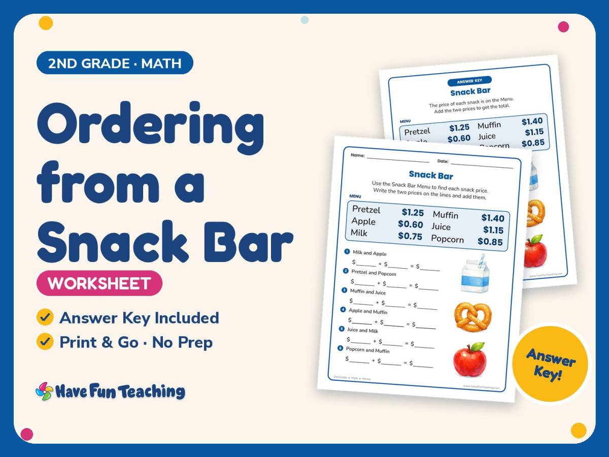 Ordering from a Snack Bar Worksheet – 2nd Grade Addition & Money preview