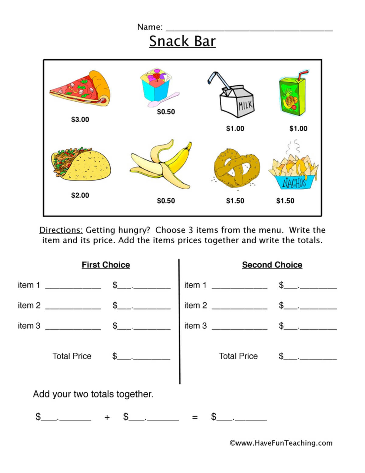 An educational teaching resource from Have Fun Teaching entitled Ordering from a Snack Bar Worksheet downloadable at Teach Simple.