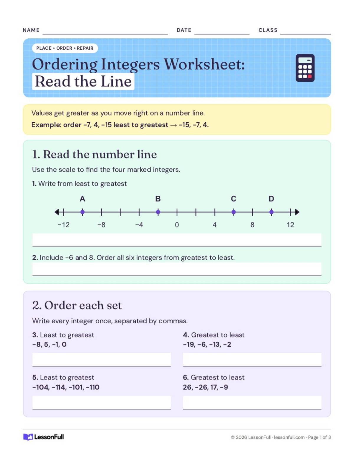 Ordering Integers preview: Tip box with a worked ordering example (page 1)