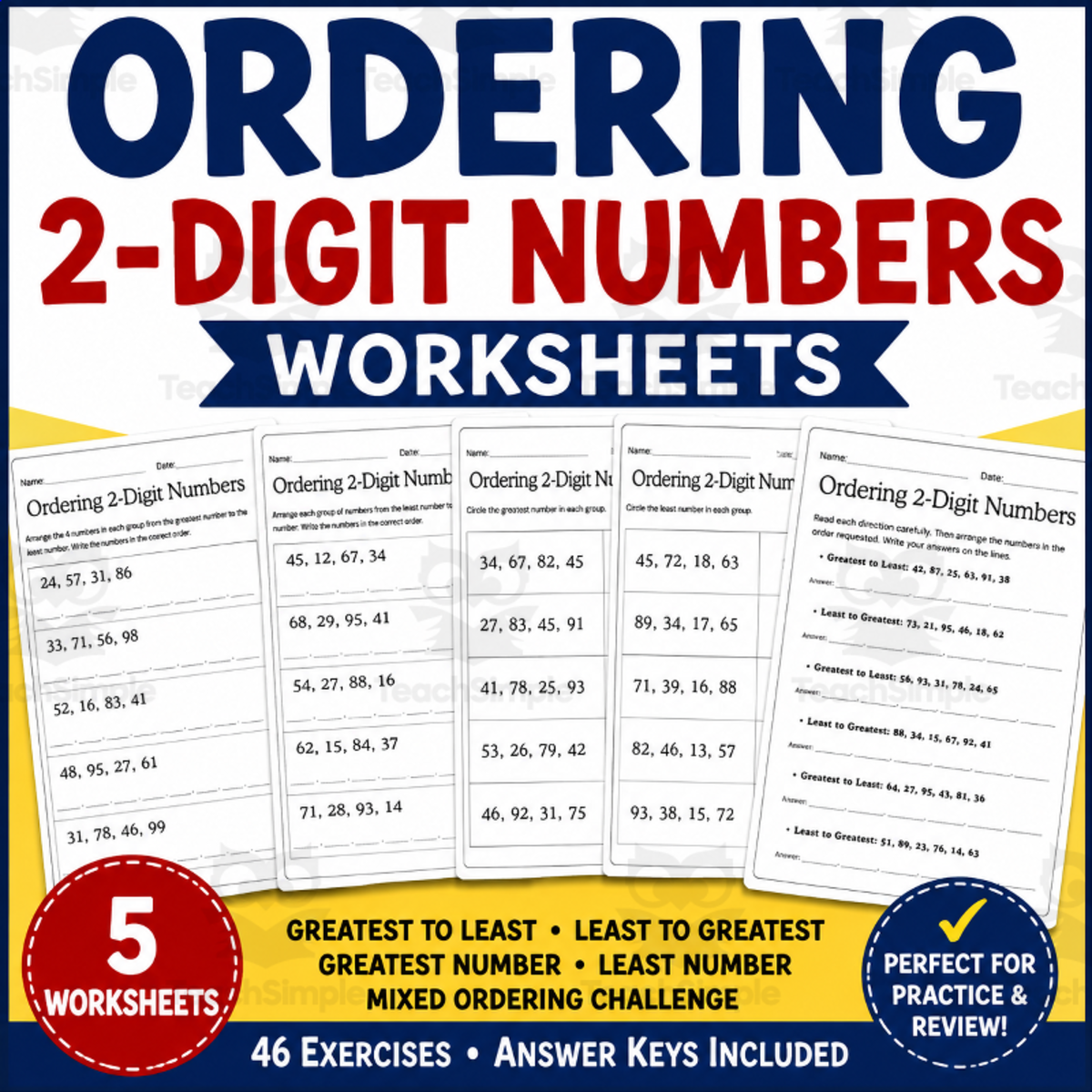An educational teaching resource from Smart Learning Press entitled Ordering Numbers (2 Digit): Greatest to Least / Least to Greatest downloadable at Teach Simple.