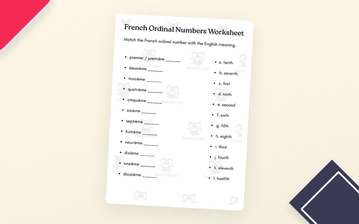 An educational teaching resource from MultiLingual Grammar Lab entitled ordinal numbers in french exercises Worksheet with answers downloadable at Teach Simple.