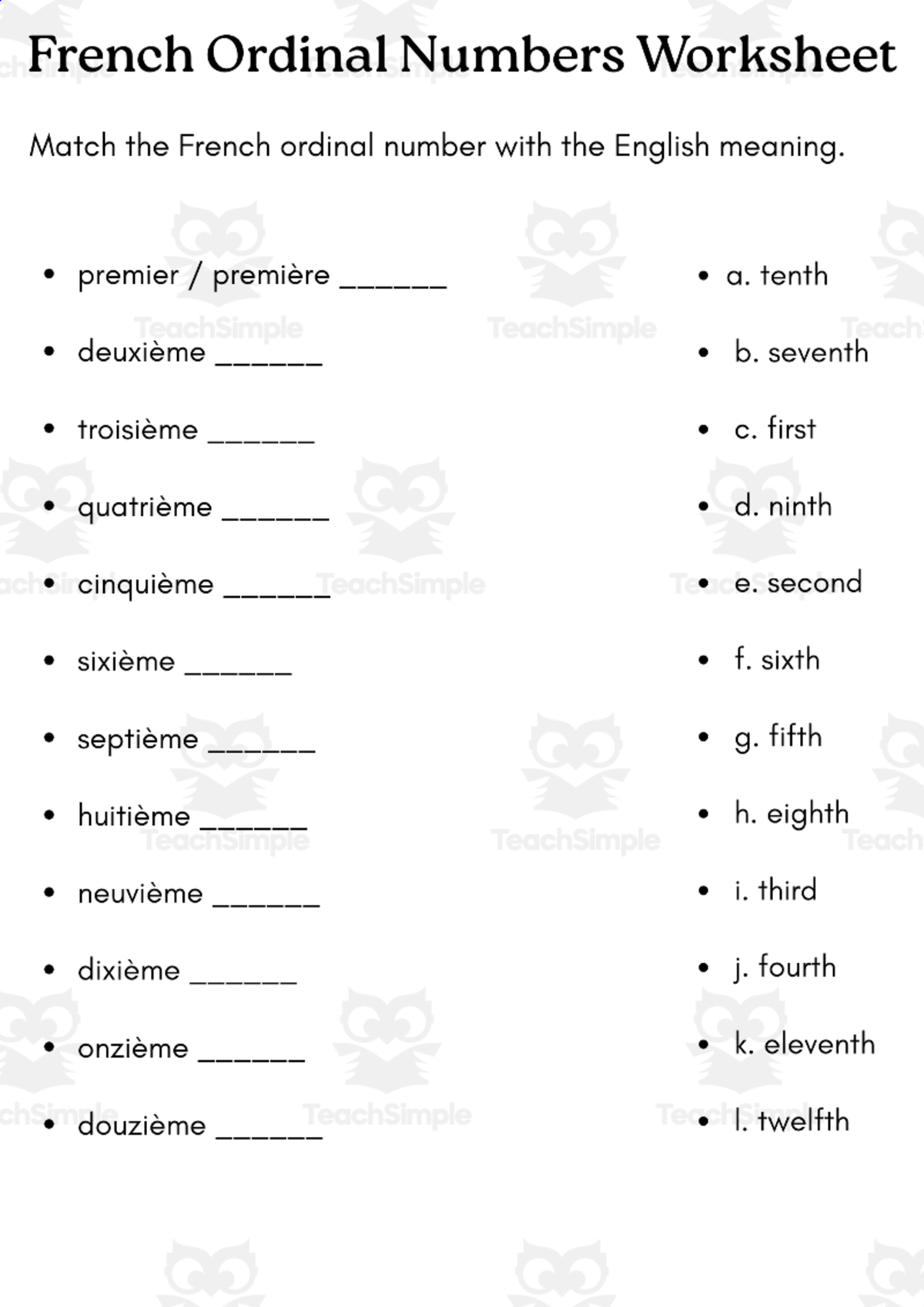 An educational teaching resource from MultiLingual Grammar Lab entitled ordinal numbers in french exercises Worksheet with answers downloadable at Teach Simple.