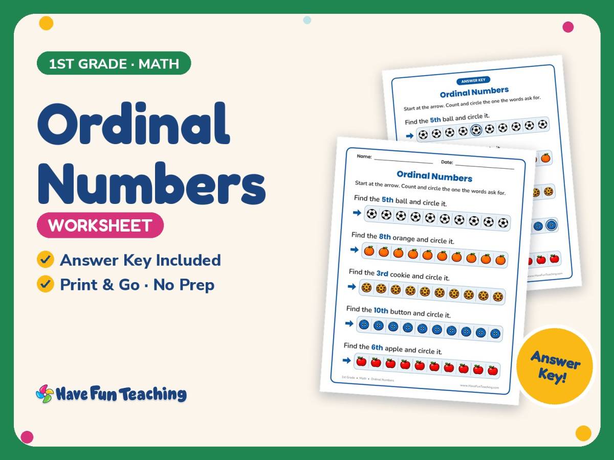 Ordinal Numbers Worksheet – 1st Grade Sequencing Practice + Answer Key preview