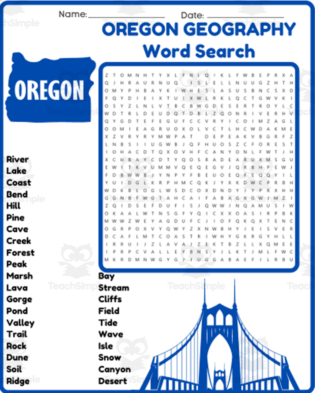 An educational teaching resource from space shope entitled OREGON GEOGRAPHY Word Search Puzzle Worksheet Activity downloadable at Teach Simple.
