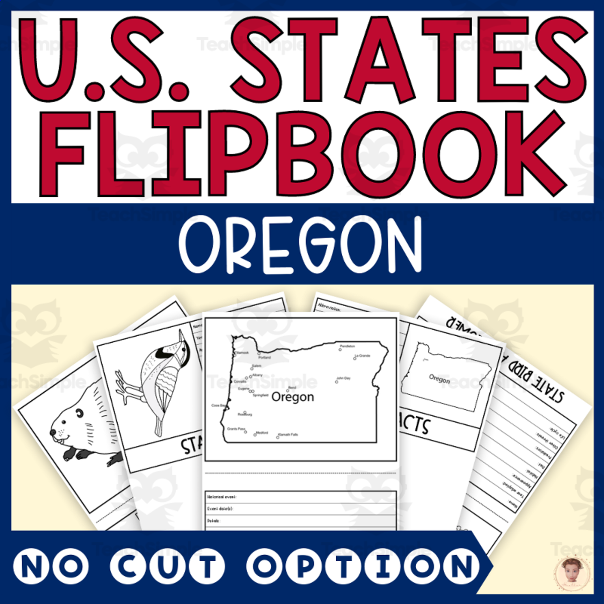 An educational teaching resource from Heather Huhman entitled Oregon State Flipbook (Capital, Bird, Flower, Flag, Animal) downloadable at Teach Simple.