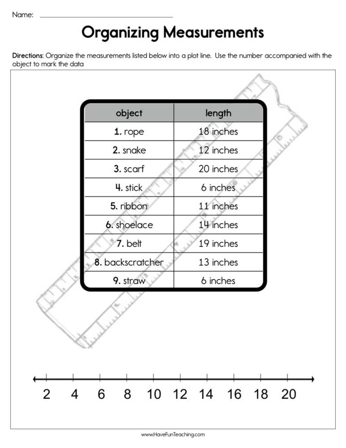 An educational teaching resource from Have Fun Teaching entitled Organizing Measurements Worksheet downloadable at Teach Simple.
