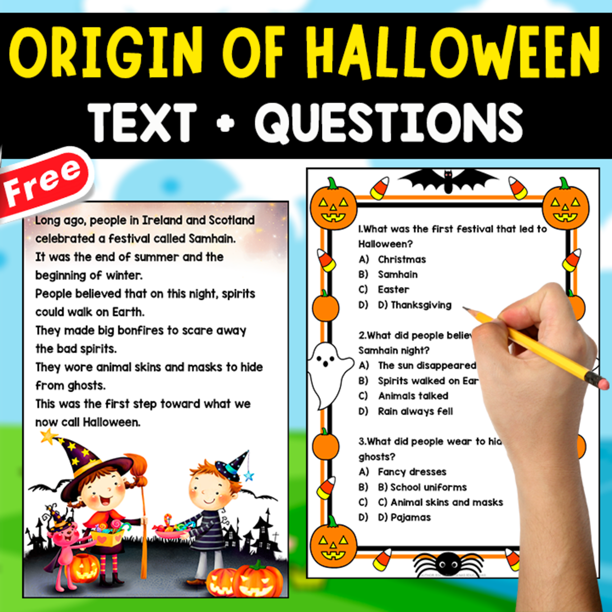 An educational teaching resource from EDITORIAL LAURA EDUCA entitled ORIGIN OF HALLOWEEN | TEXT + COMPREHENSION QUESTIONS downloadable at Teach Simple.