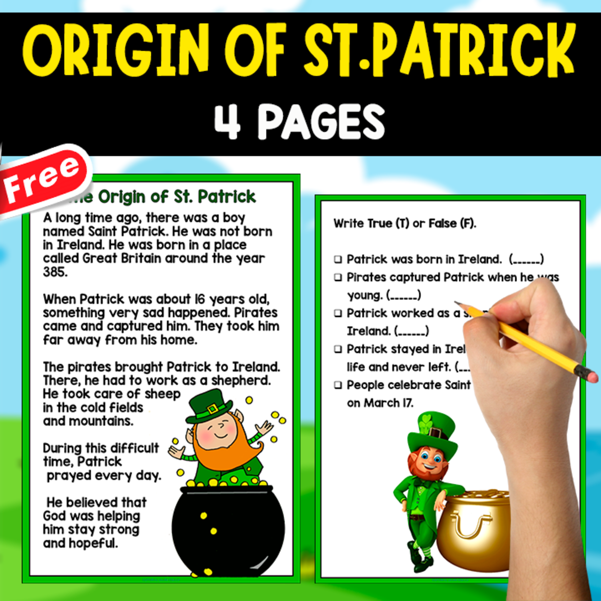 An educational teaching resource from EDITORIAL LAURA EDUCA entitled ORIGIN OF ST. PATRICK | TEXT + QUESTIONS downloadable at Teach Simple.