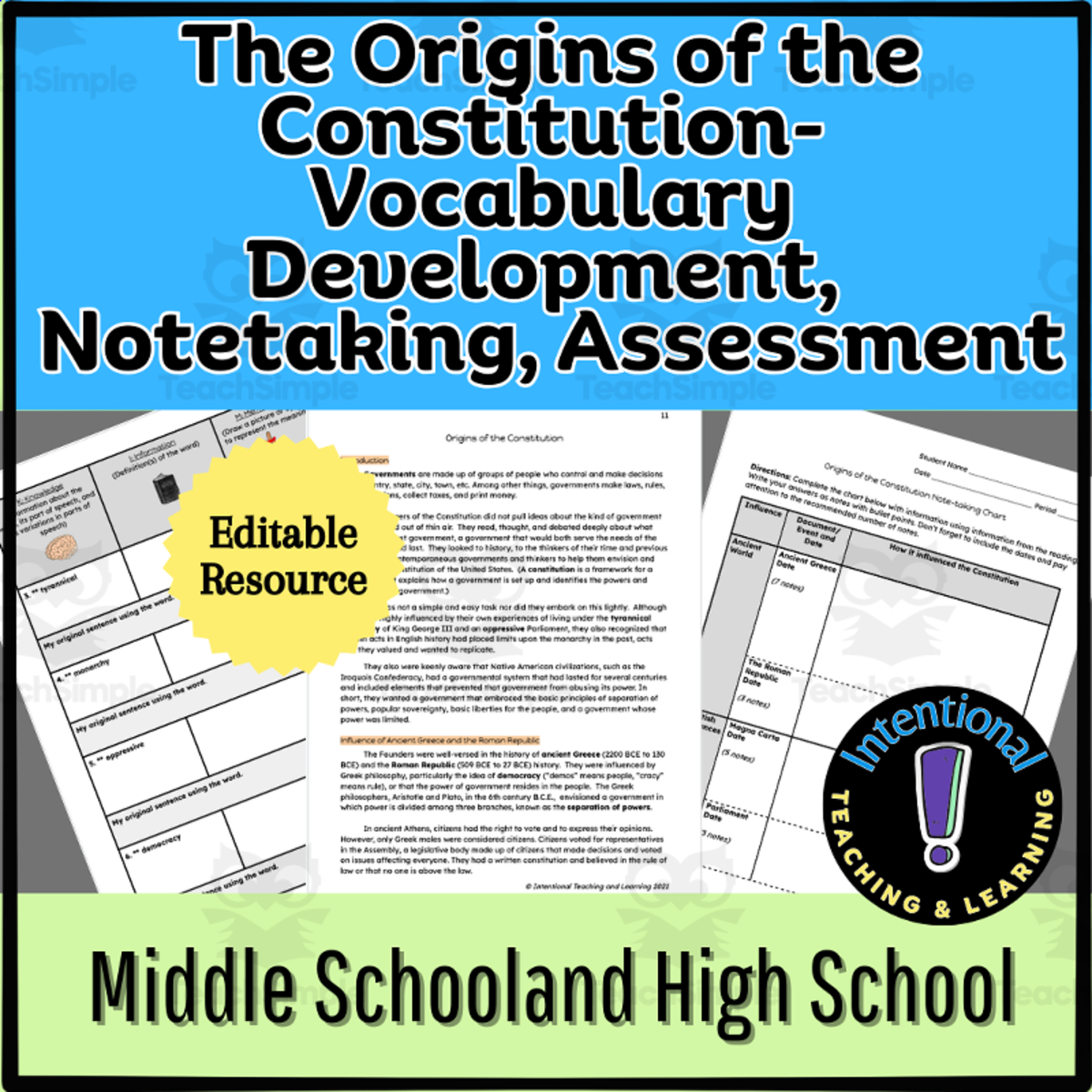 An educational teaching resource from Intentional Teaching and Learning entitled Origins of Constitution- Vocabulary Development, Notetaker, Assessment downloadable at Teach Simple.
