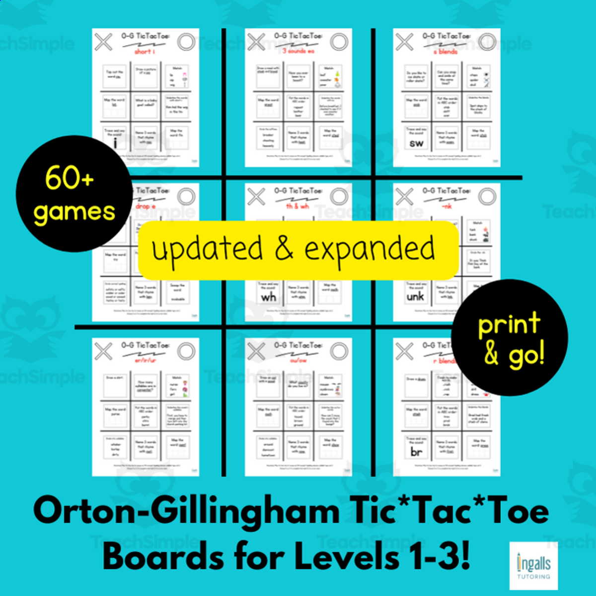 An educational teaching resource from Orton-Gillingham Materials by Ingalls Tutoring entitled Orton-Gillingham Tic Tac Toe Warm Up Activity Sheets for Levels 1-3, PRINT AND GO! downloadable at Teach Simple.