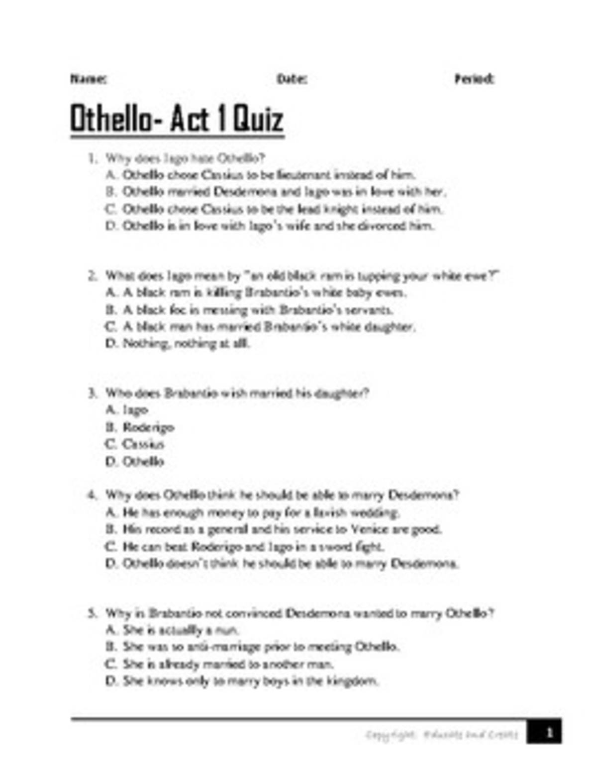 An educational teaching resource from Educate and Create entitled Othello Act 1 Quiz downloadable at Teach Simple.