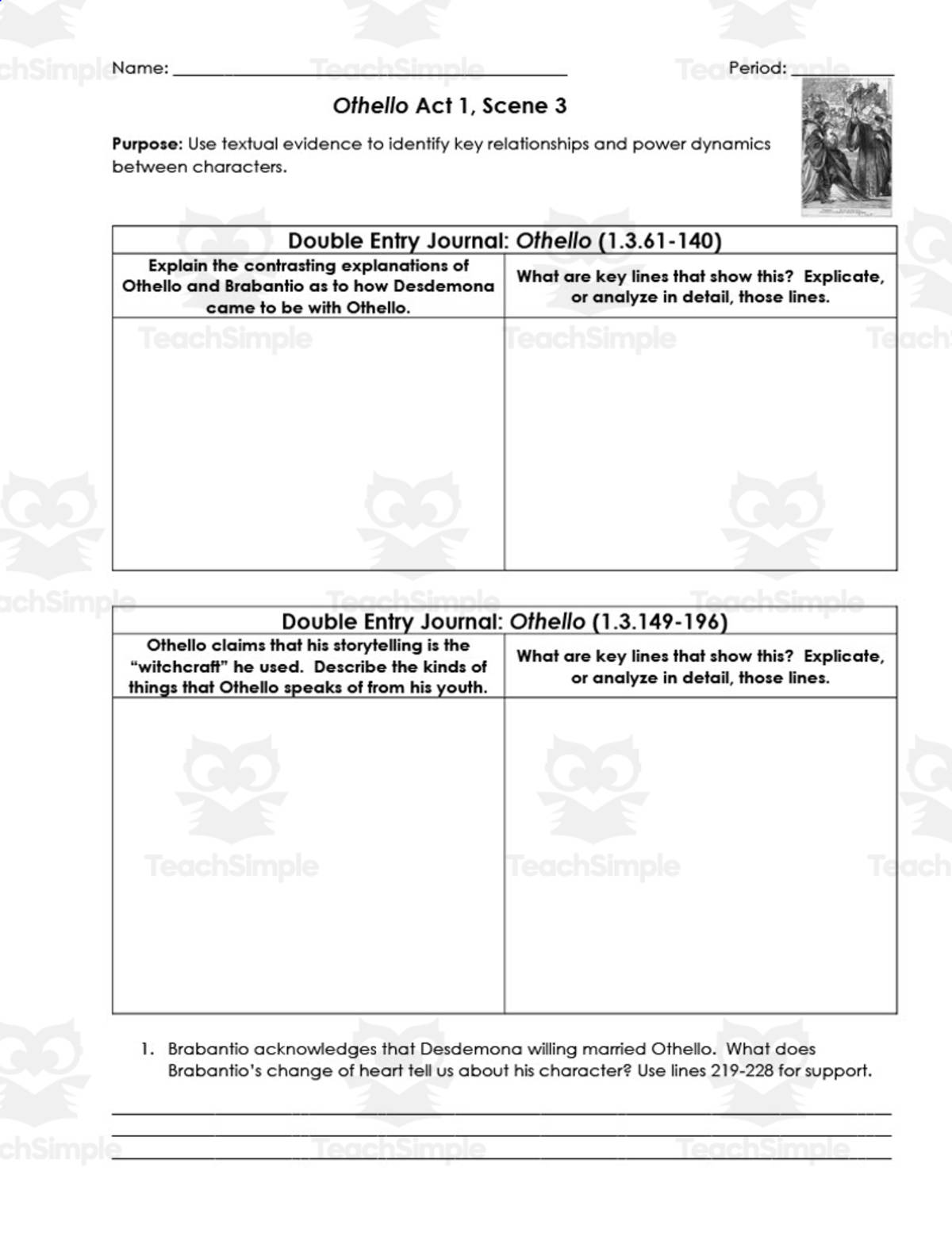 An educational teaching resource from ELA Resources entitled Othello Act 1, Scene 3 | Double Entry Journals downloadable at Teach Simple.