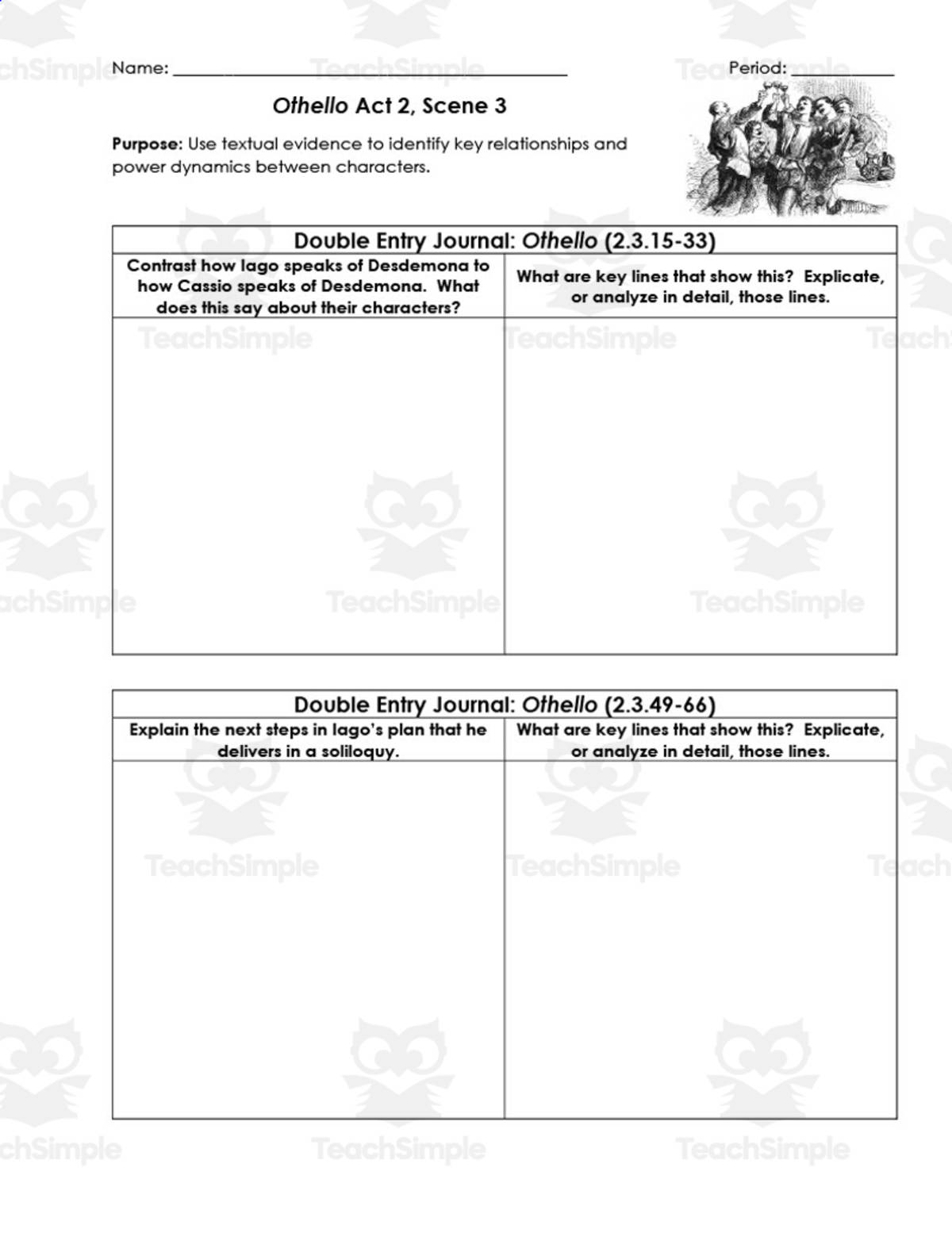 An educational teaching resource from ELA Resources entitled Othello Act 2, Scene 3 | Double Entry Journals downloadable at Teach Simple.