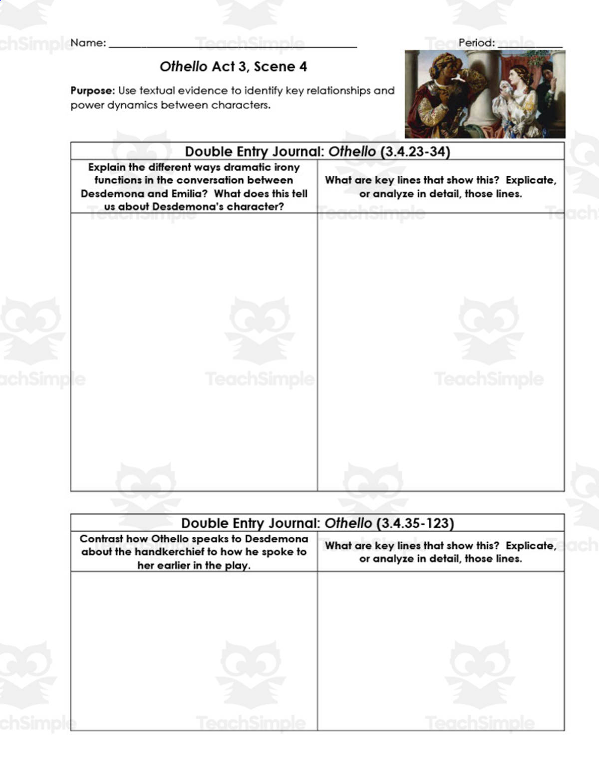 An educational teaching resource from ELA Resources entitled Othello Act 3, Scene 4 | Double Entry Journals downloadable at Teach Simple.