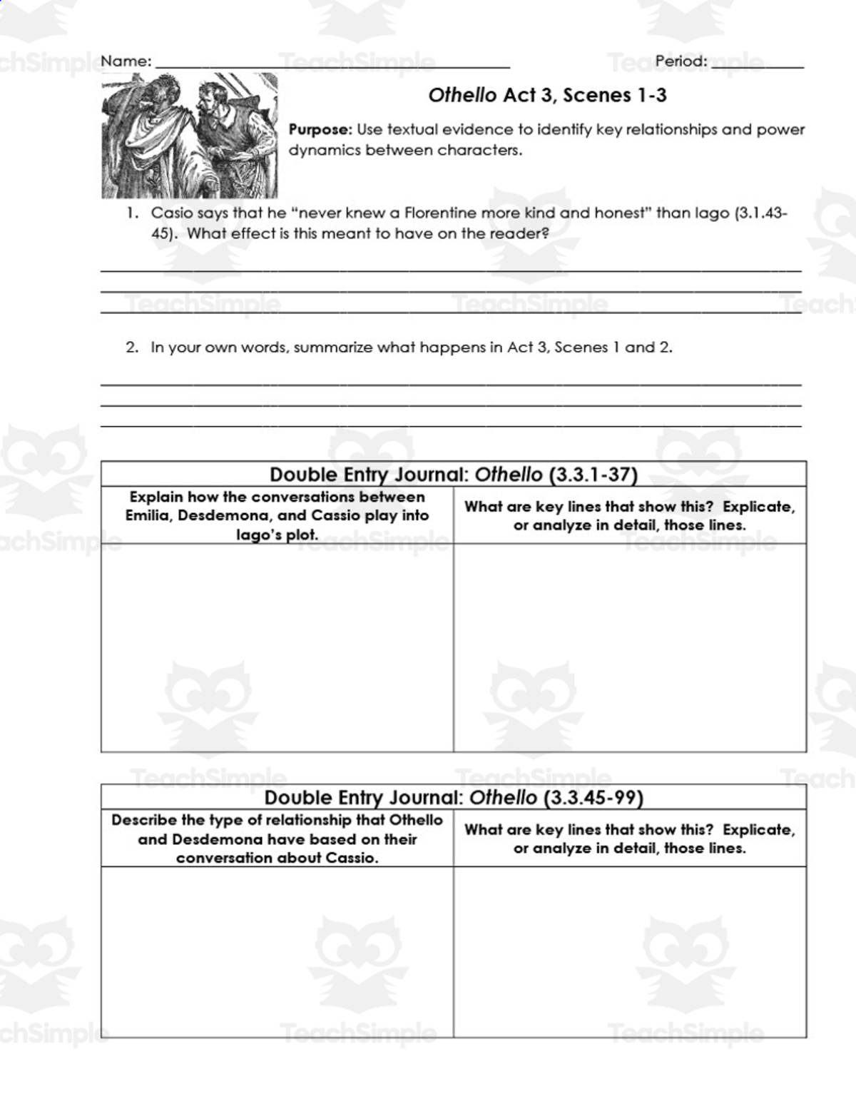 An educational teaching resource from ELA Resources entitled Othello Act 3, Scenes 1-3 | Double Entry Journals downloadable at Teach Simple.