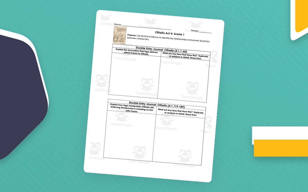 An educational teaching resource from ELA Resources entitled Othello Act 4, Scene 1 | Double Entry Journals downloadable at Teach Simple.