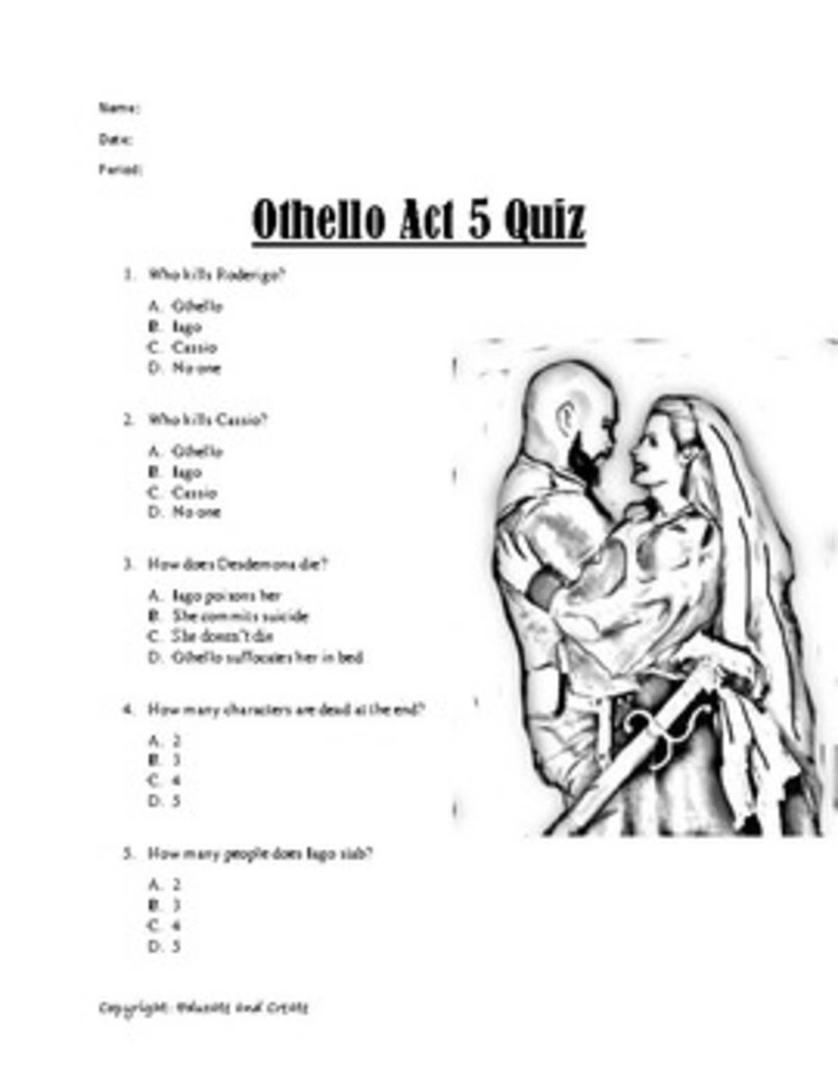 An educational teaching resource from Educate and Create entitled Othello Act 5 Quiz downloadable at Teach Simple.