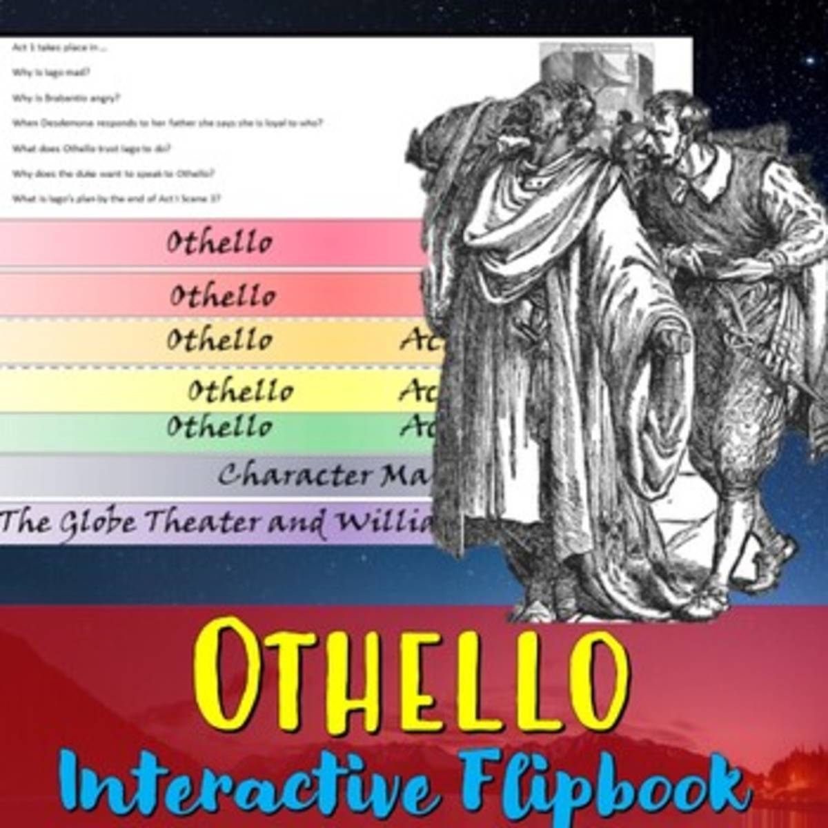 An educational teaching resource from Educate and Create entitled "Othello" Interactive flipbook study guide downloadable at Teach Simple.