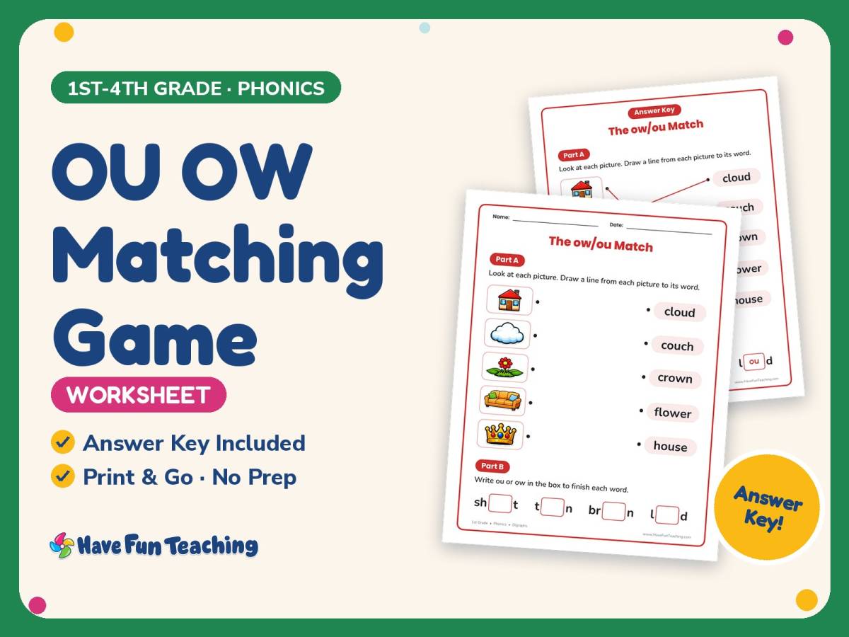 OU OW Matching Game Worksheet – 1st-4th Grade Digraphs & Vowels preview