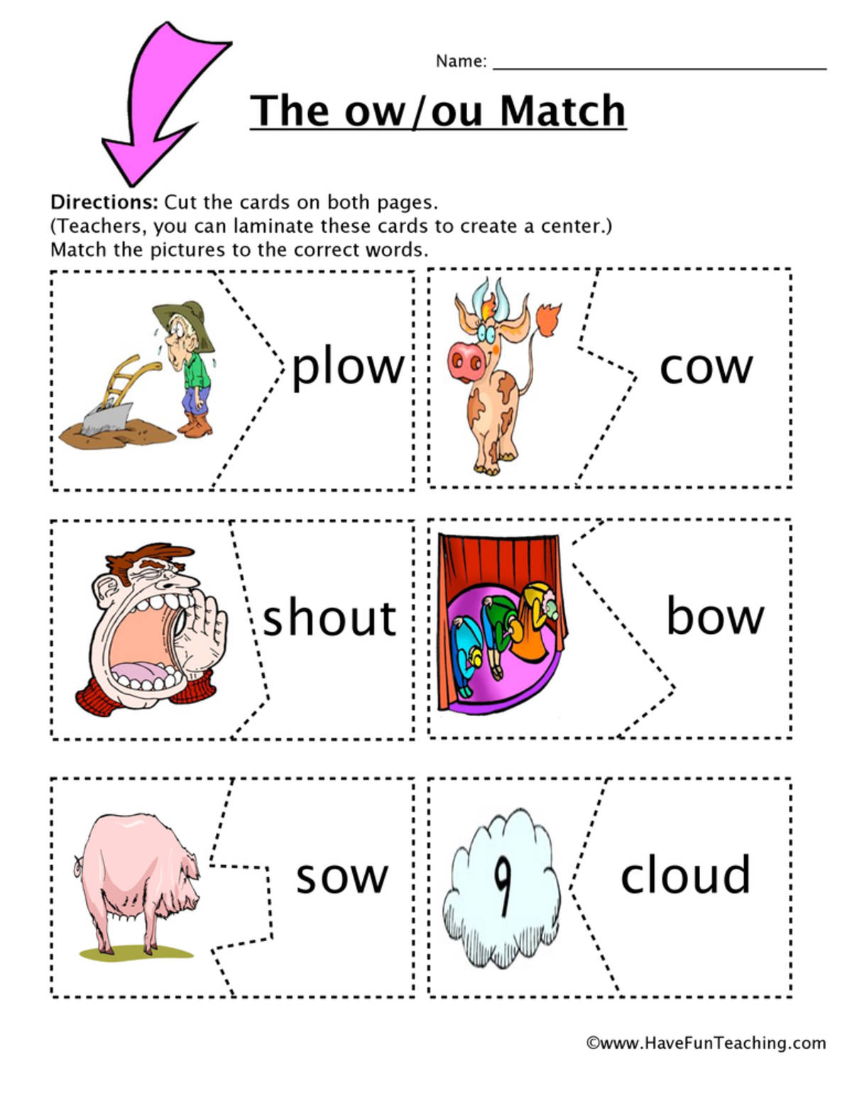 An educational teaching resource from Have Fun Teaching entitled OU OW Matching Game Worksheet downloadable at Teach Simple.