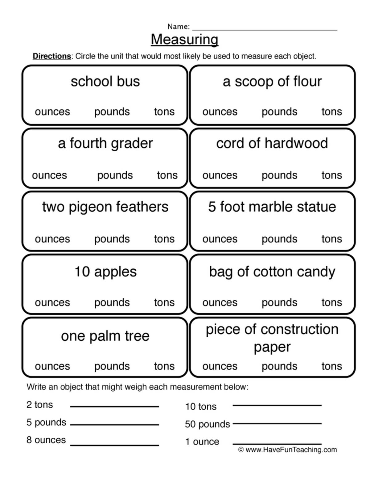 An educational teaching resource from Have Fun Teaching entitled Ounces Pound Ton Worksheet downloadable at Teach Simple.