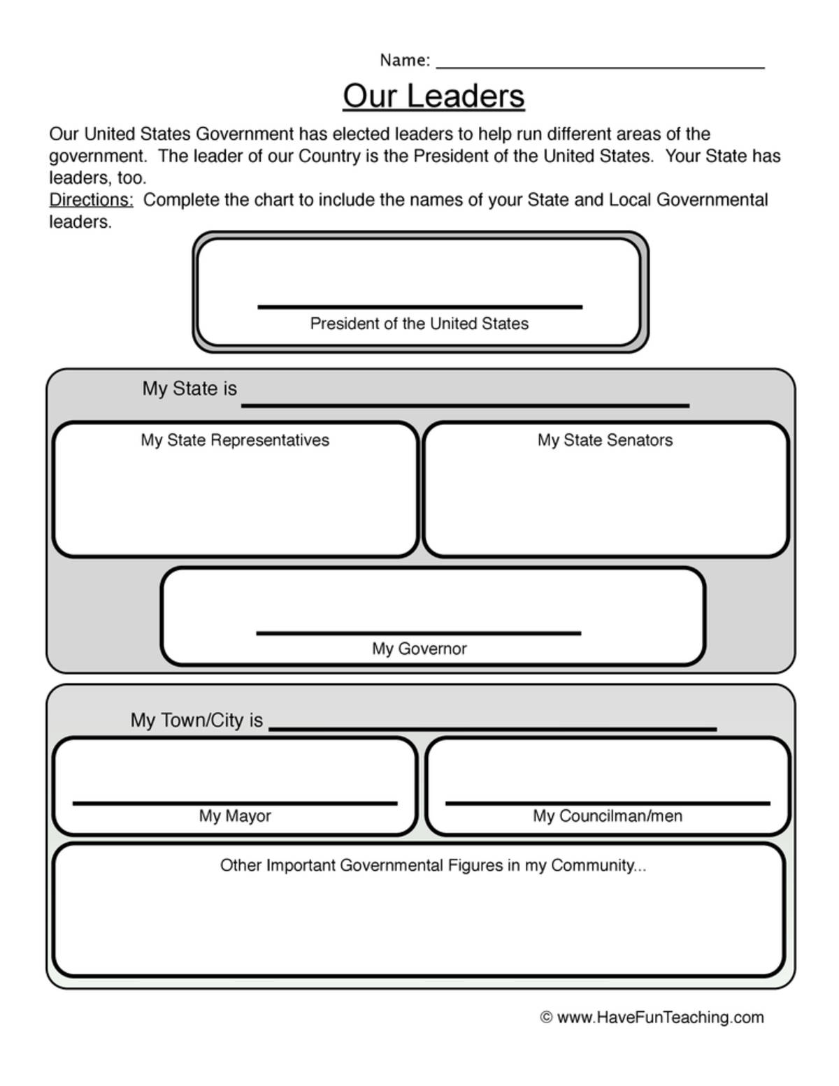 An educational teaching resource from Have Fun Teaching entitled Our Leaders Worksheet downloadable at Teach Simple.