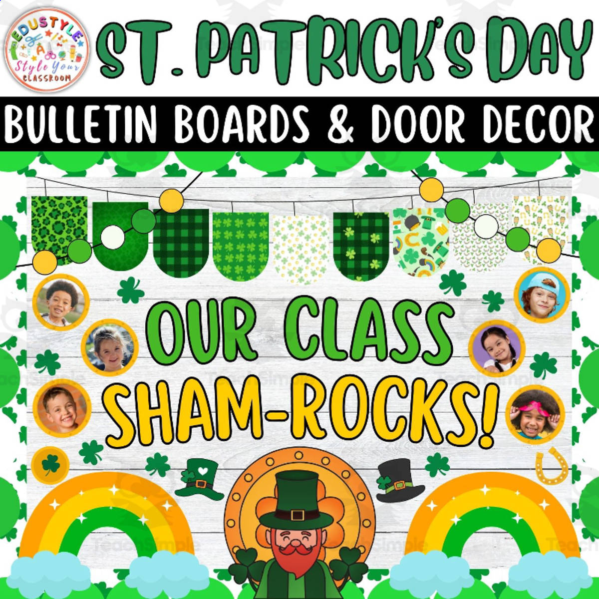 An educational teaching resource from Style Your Classroom entitled Our Lucky Charms!: St. Patrick's Day Bulletin Boards & Door Decor kit downloadable at Teach Simple.