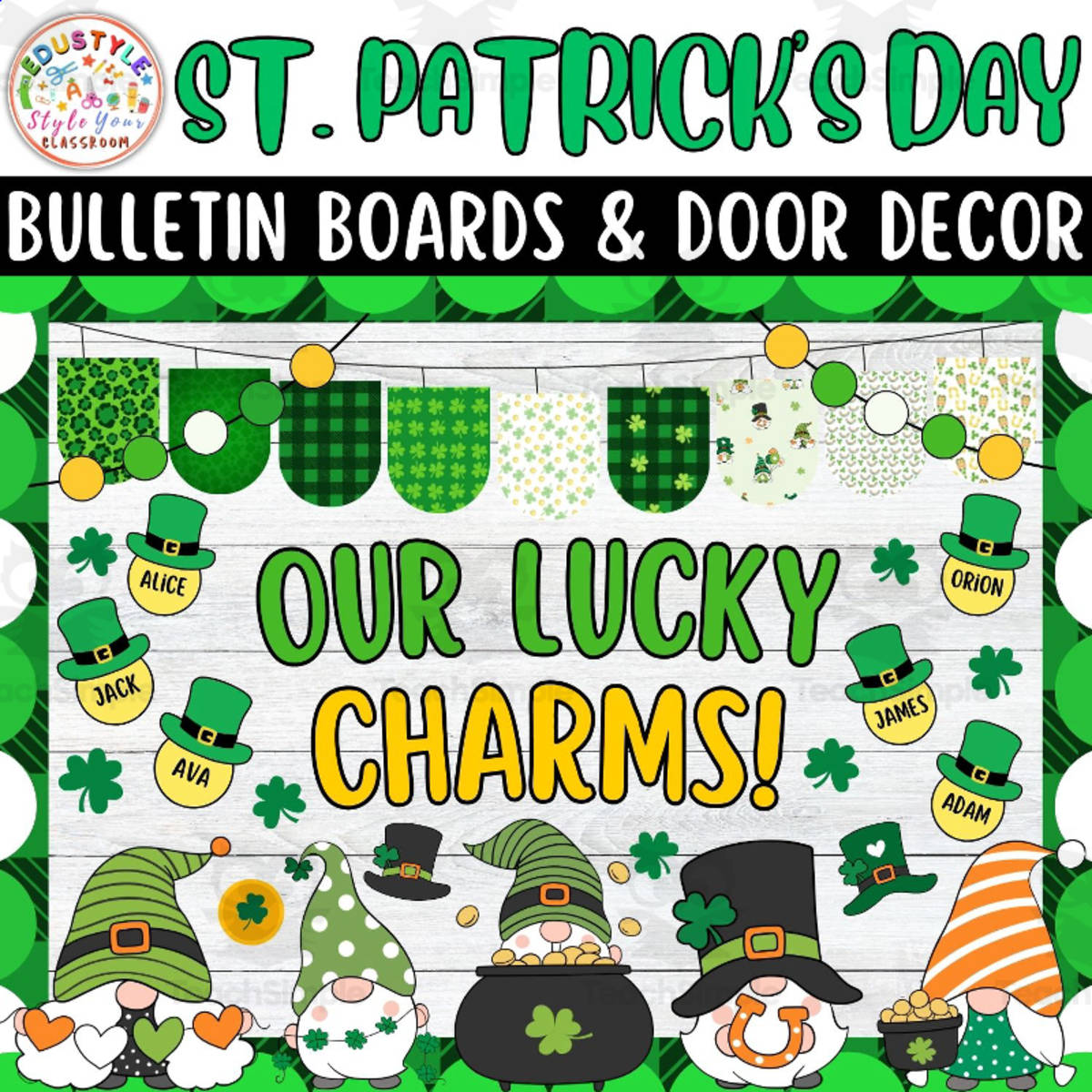 An educational teaching resource from Style Your Classroom entitled Our Lucky Charms!: St. Patrick's Day Bulletin Boards & Door Decor kits downloadable at Teach Simple.
