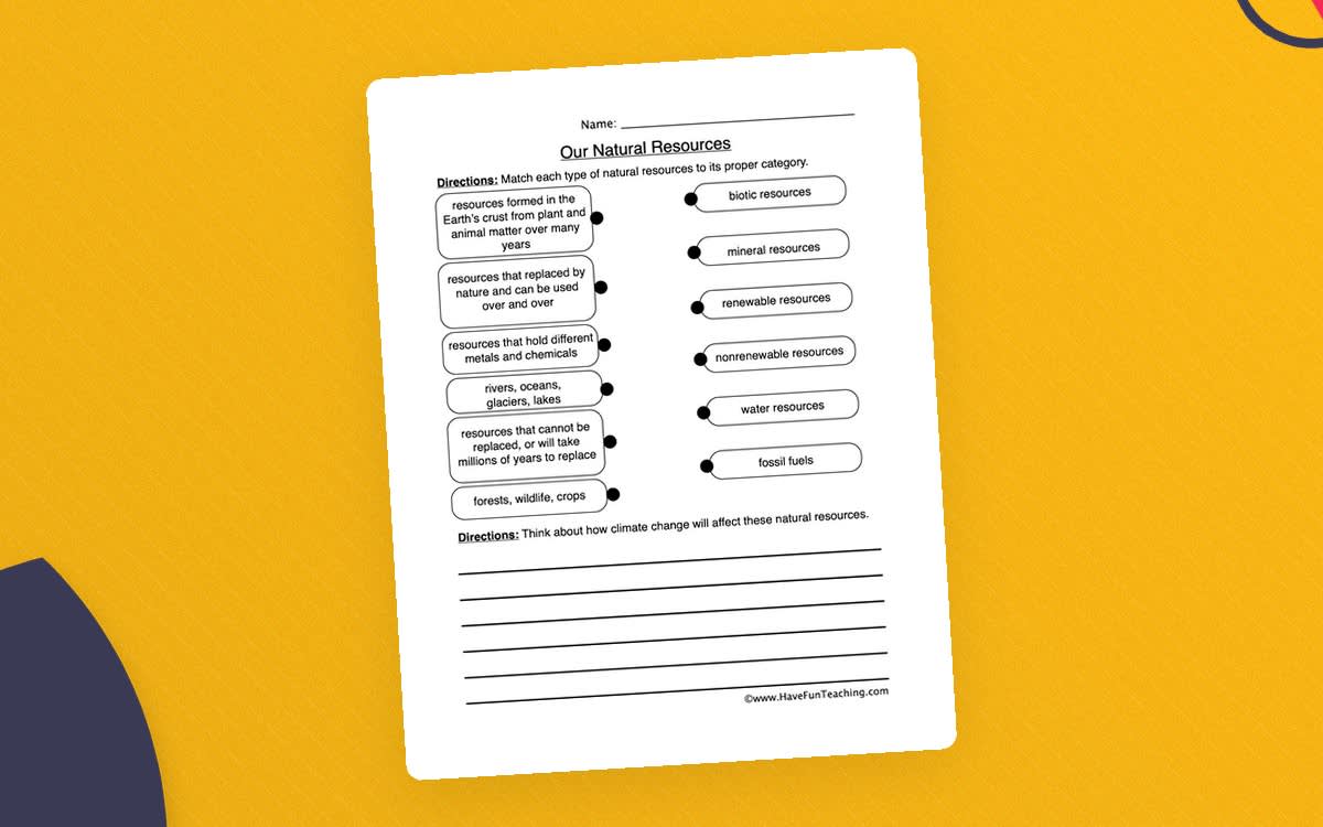 An educational teaching resource from Have Fun Teaching entitled Our Natural Resources Worksheet downloadable at Teach Simple.