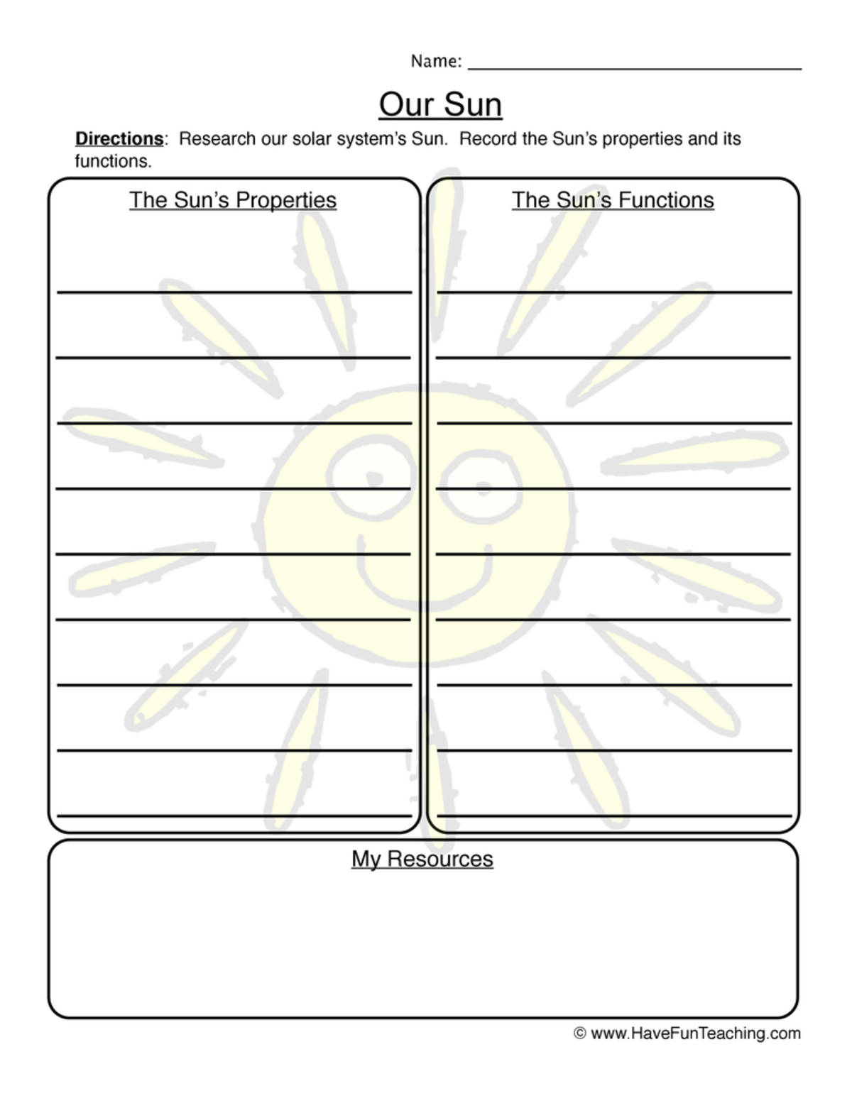 An educational teaching resource from Have Fun Teaching entitled Our Sun Worksheet downloadable at Teach Simple.