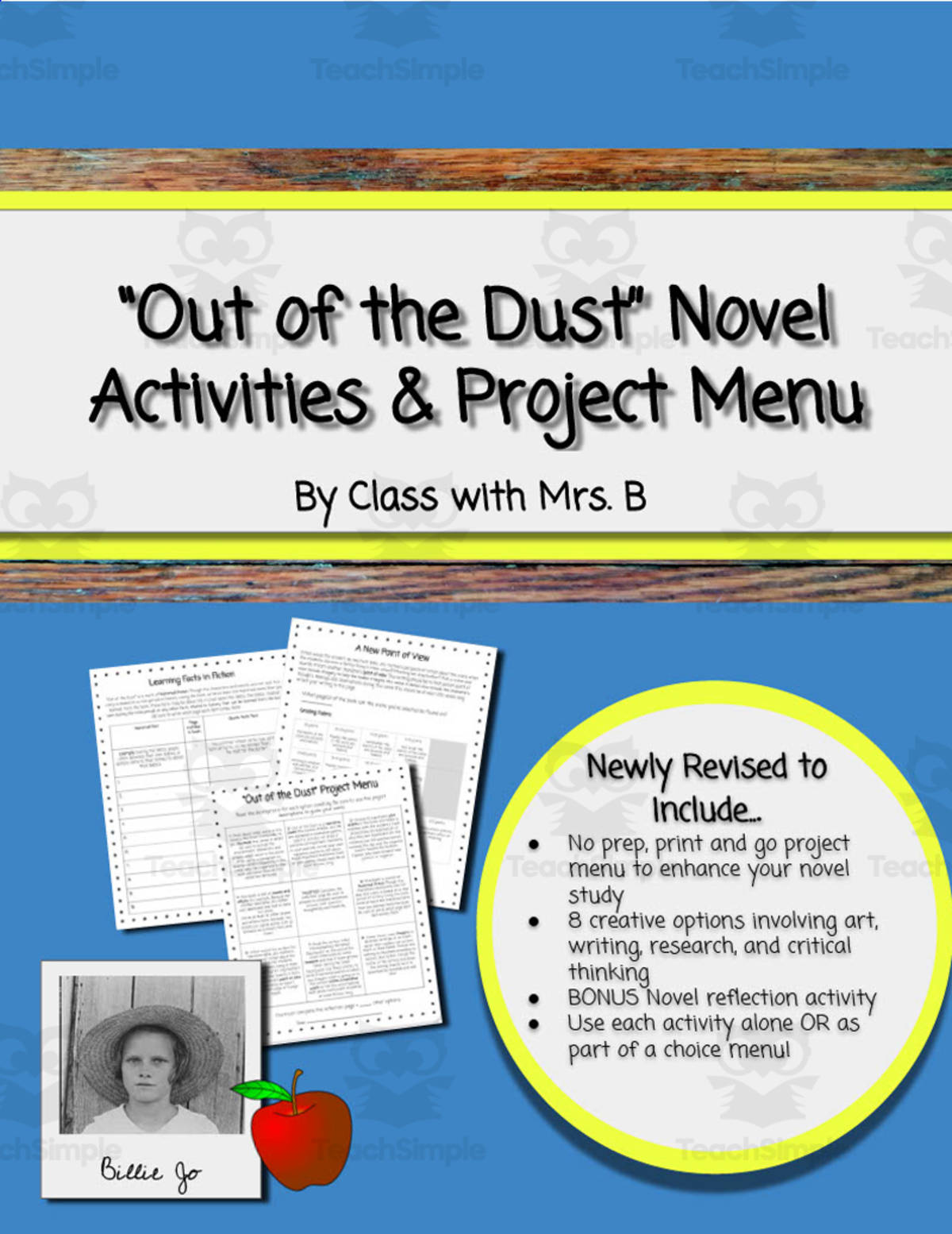 An educational teaching resource from Class with Mrs B entitled "Out of the Dust" Novel Activities + Project Menu downloadable at Teach Simple.
