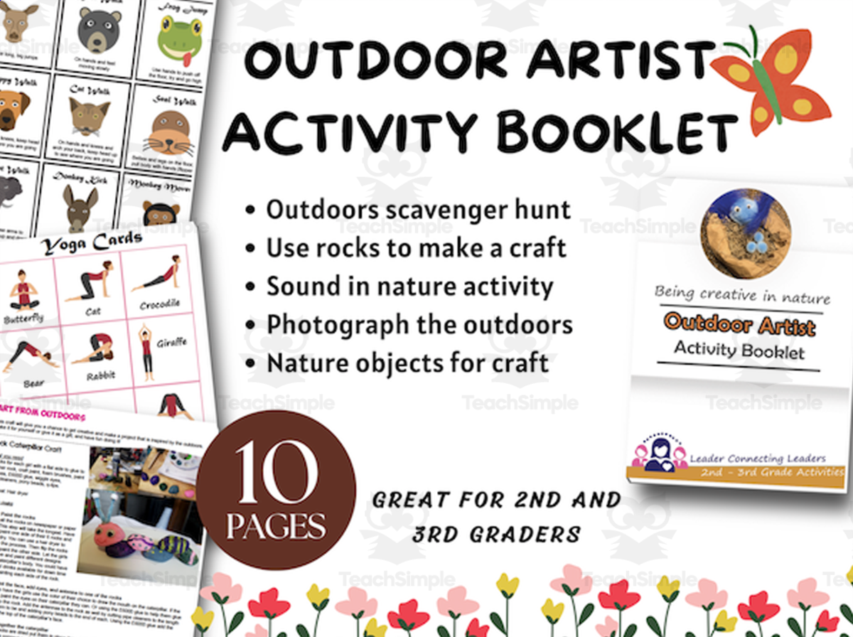 An educational teaching resource from Leader Connecting Leaders entitled Outdoor Art Creator Activity Booklet, 2nd and 3rd grade, printable for kids, outdoor activities for kids, Girl Scout Badge Resource downloadable at Teach Simple.