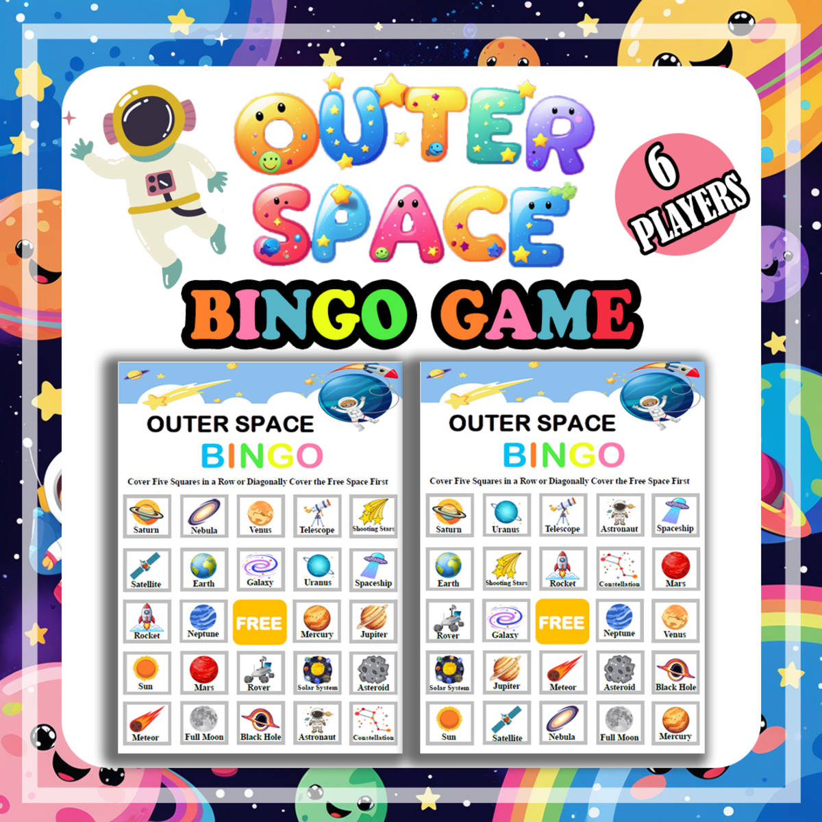 An educational teaching resource from Bambolina55 entitled Outer Space Bingo Game Planets Stars Rockets Fun activity for PreK, Ki downloadable at Teach Simple.