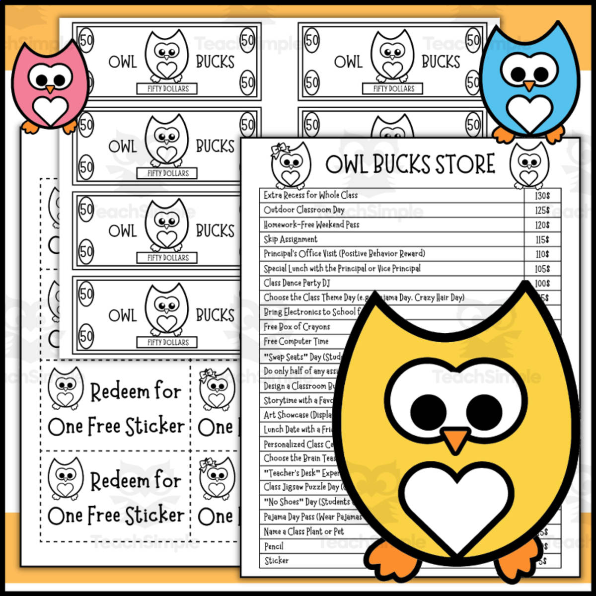 An educational teaching resource from 1 Teaches 2 Learn entitled Owl Themed Classroom Money System - Reward Coupons & Class Cash downloadable at Teach Simple.