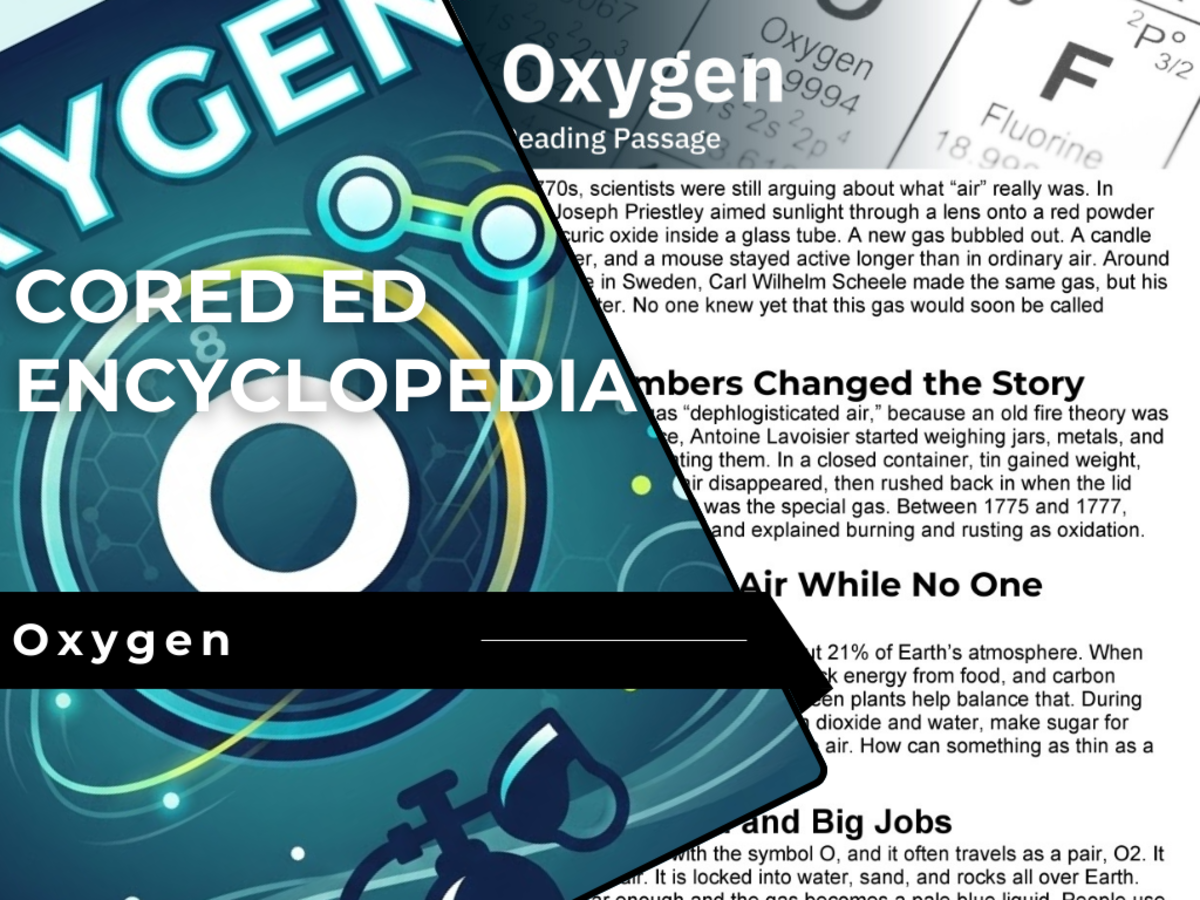 An educational teaching resource from Cored Education entitled Oxygen Reading Comprehension Passage - Cored Ed Encyclopedia downloadable at Teach Simple.