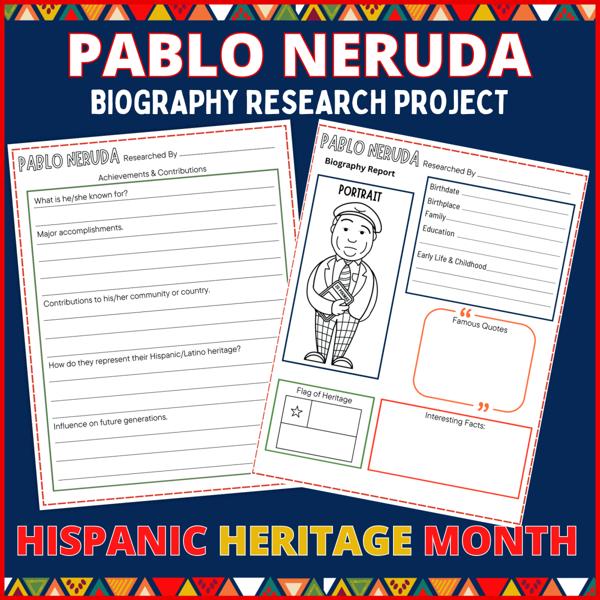 An educational teaching resource from Perfect_Printables entitled Pablo Neruda Poet Biography research project Hispanic heritage month downloadable at Teach Simple.