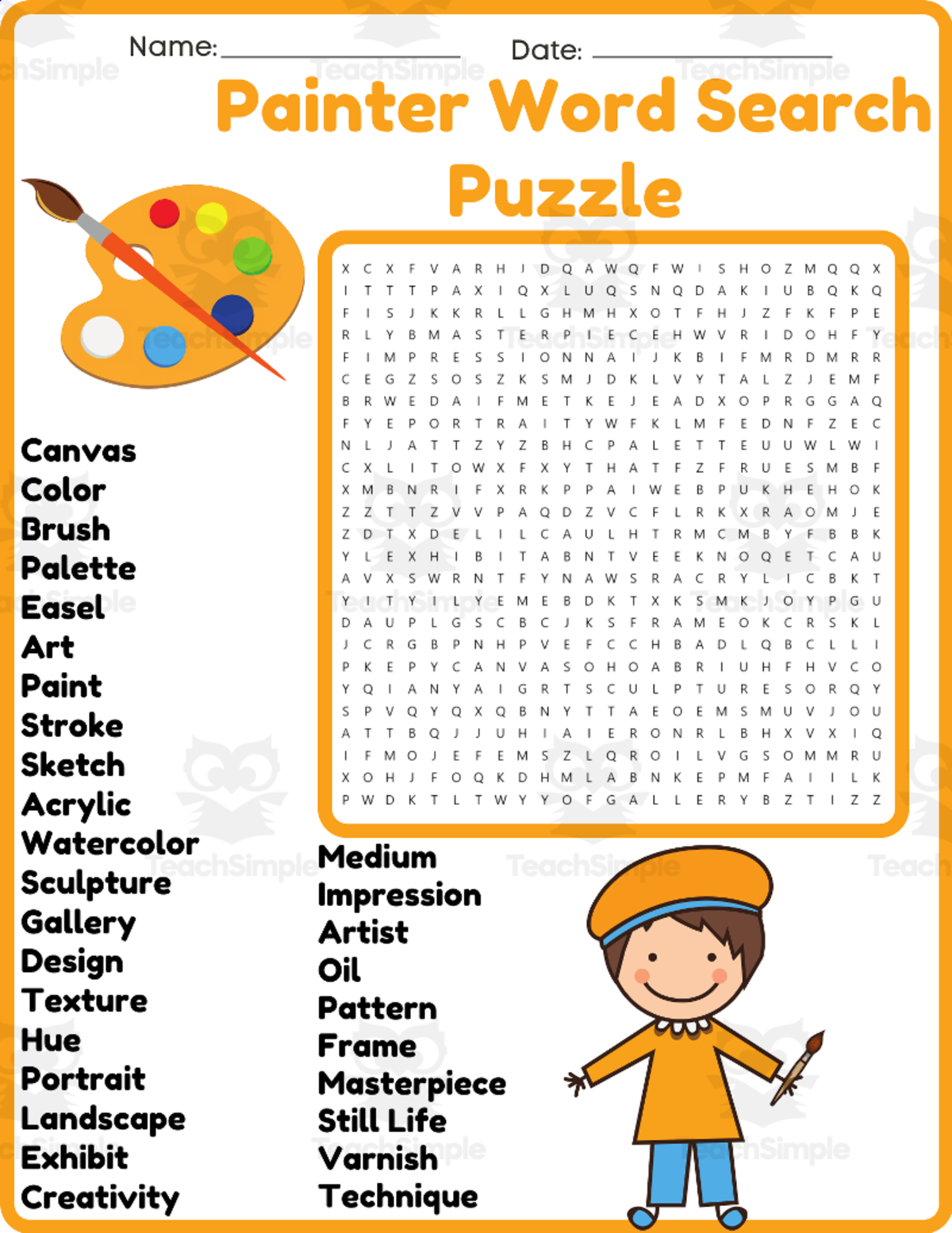 An educational teaching resource from space shope entitled painter Word Search Puzzle Worksheet Activities (2nd, 3rd, 4th & 5th downloadable at Teach Simple.