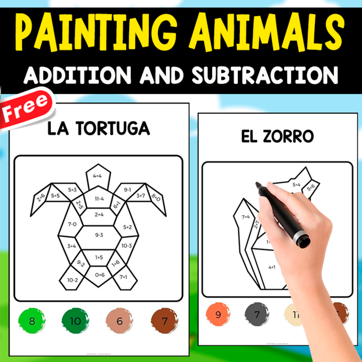 An educational teaching resource from EDITORIAL LAURA EDUCA entitled PAINTING ANIMALS | SUBTRACTION AND ADDITION | COLORING ACTIVITY downloadable at Teach Simple.