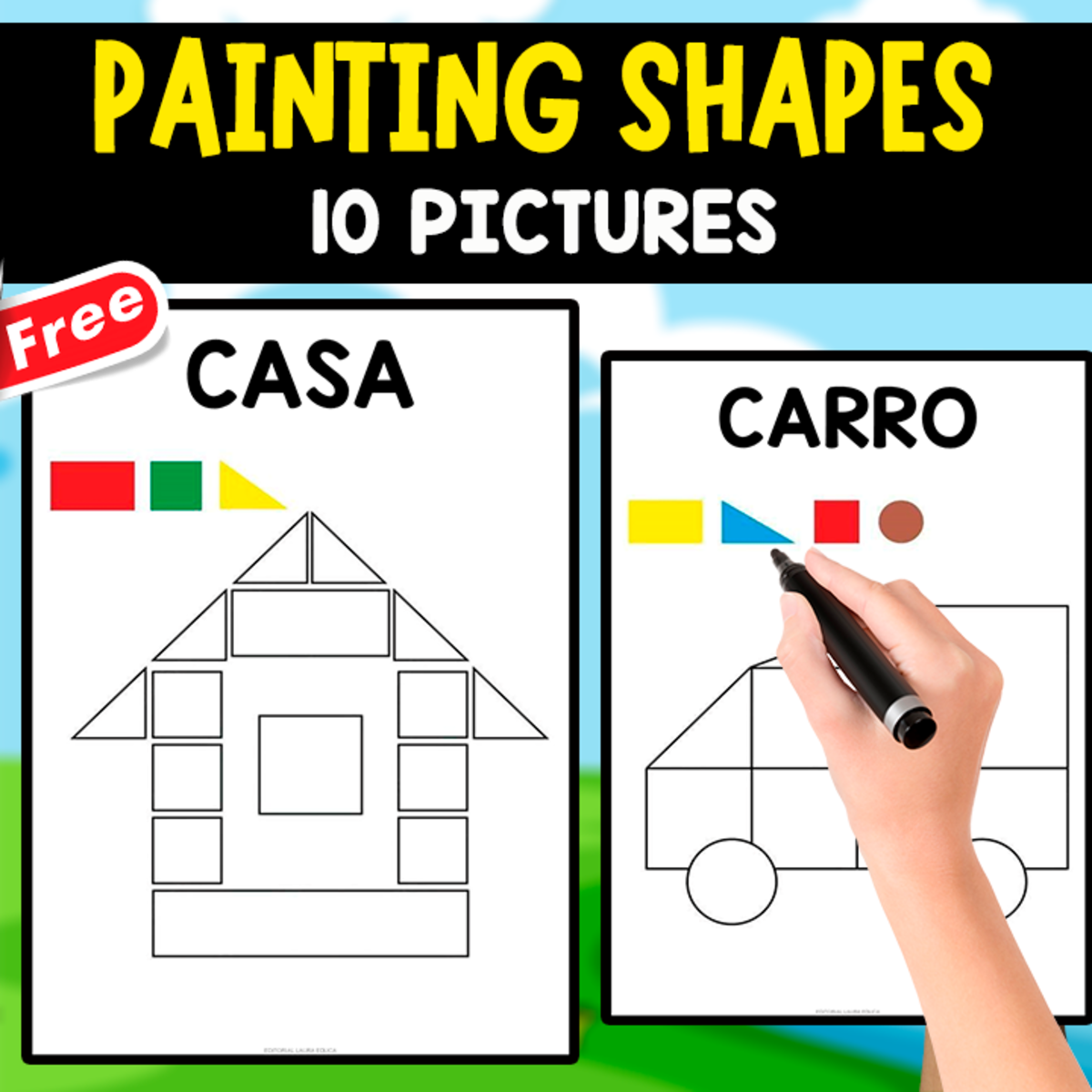 An educational teaching resource from EDITORIAL LAURA EDUCA entitled PAINTING SHAPES | 10 FREE EXERCISES | MATH RESOURCE downloadable at Teach Simple.