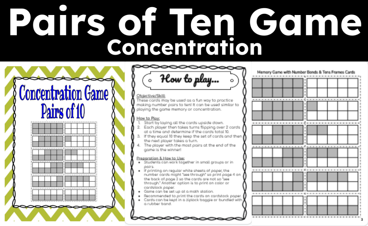 An educational teaching resource from CraftEdPrints entitled Pairs of Ten Number Bonds Game Concentration downloadable at Teach Simple.