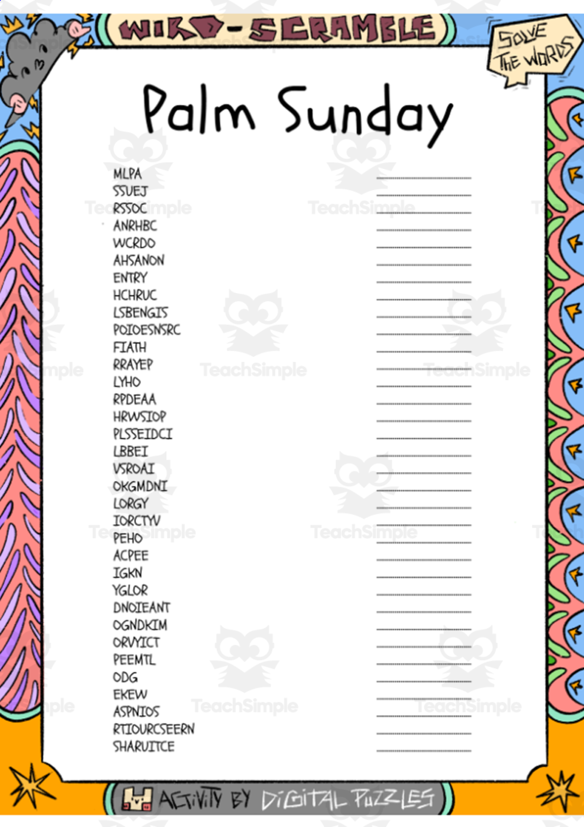 An educational teaching resource from Lapiiin Art Activities entitled Palm Sunday word Scramble puzzle worksheet downloadable at Teach Simple.