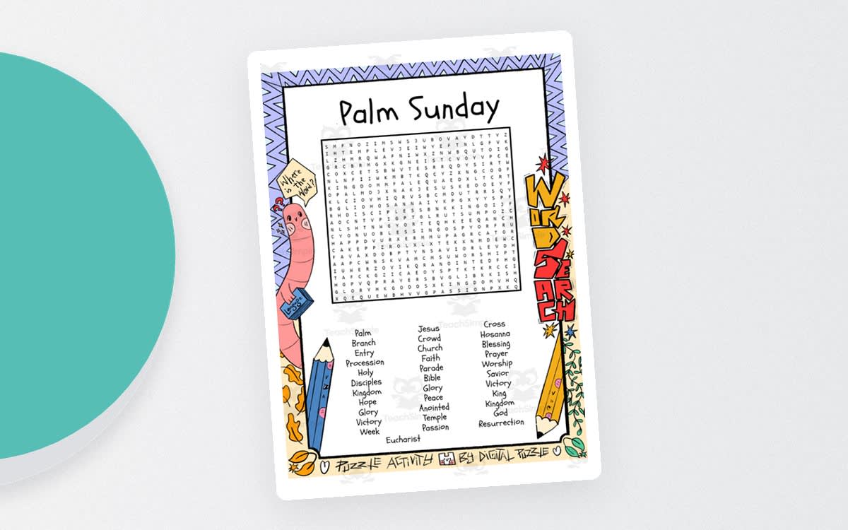 An educational teaching resource from Lapiiin Art Activities entitled Palm Sunday word search puzzle worksheet activity downloadable at Teach Simple.