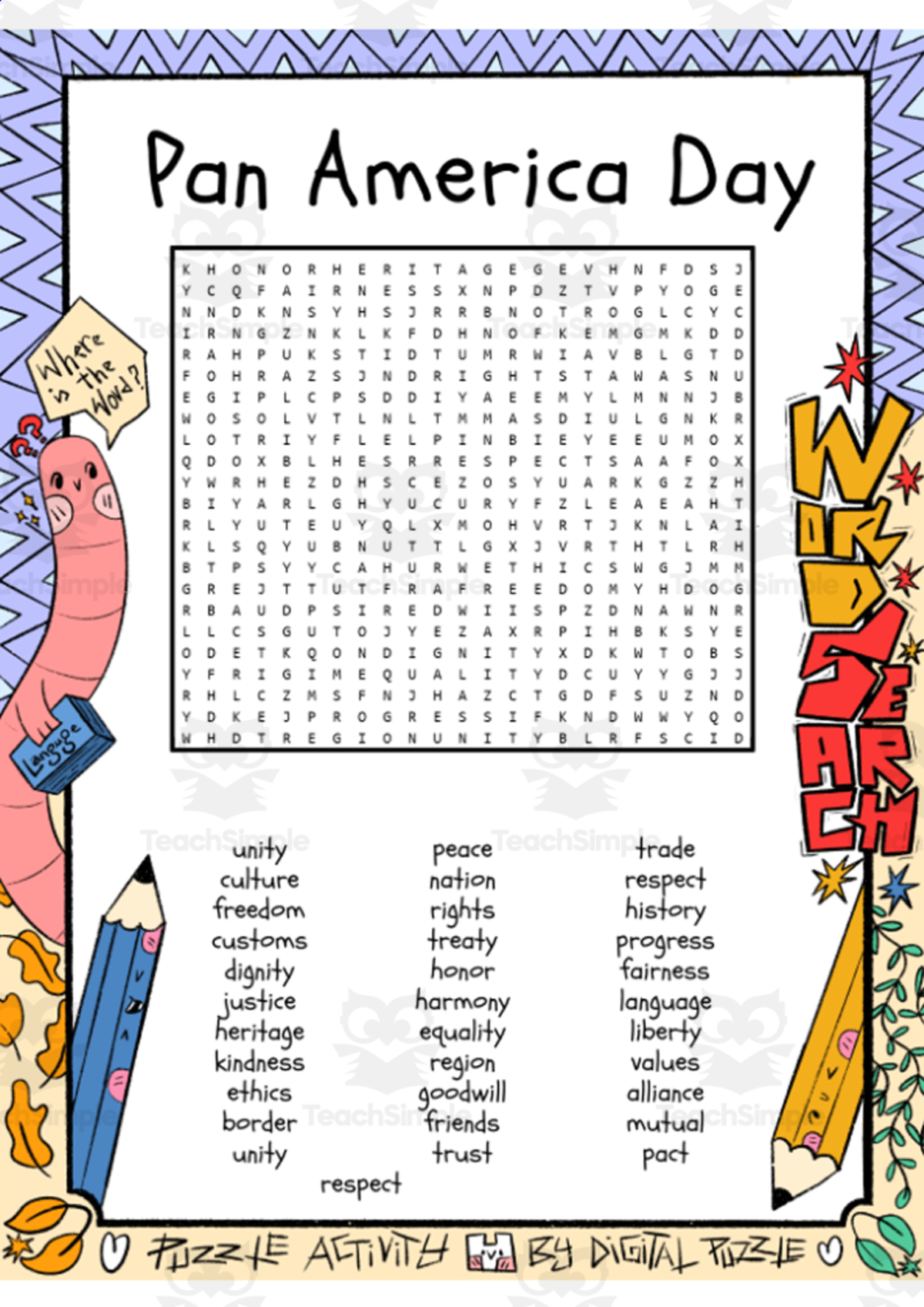 An educational teaching resource from Lapiiin Art Activities entitled Pan America Day word search puzzle worksheet activity downloadable at Teach Simple.