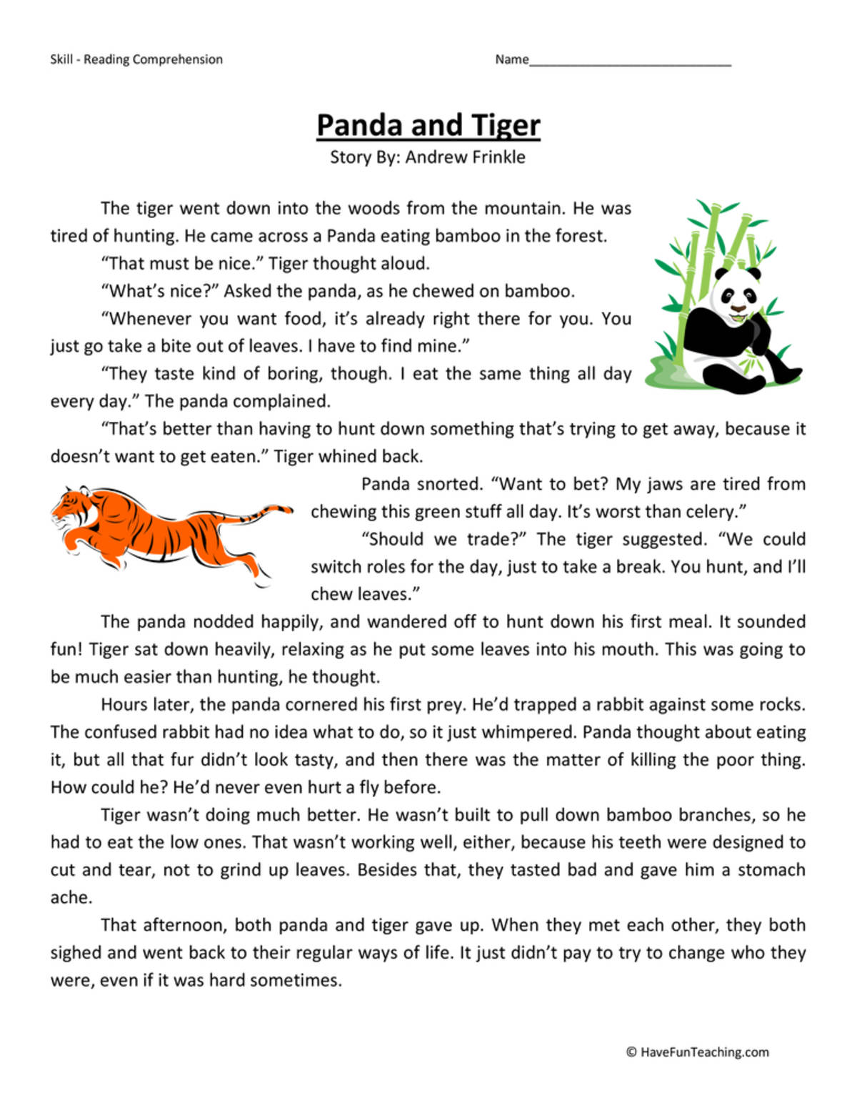 An educational teaching resource from Have Fun Teaching entitled Panda and Tiger Reading Comprehension Worksheet downloadable at Teach Simple.