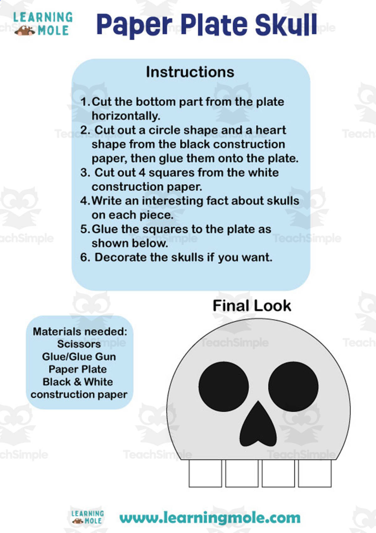 An educational teaching resource from Educational Voice entitled Paper Plate Skull Activity downloadable at Teach Simple.