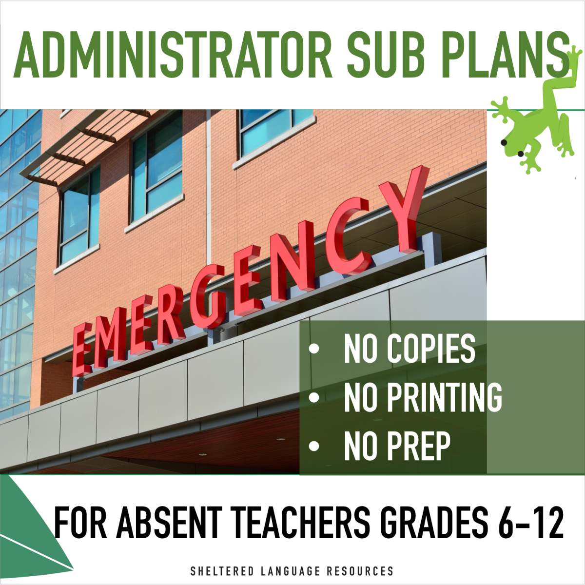 An educational teaching resource from Sheltered Language Resources entitled Paperless Administrator Emergency Sub Plans for Absent Teachers Grades 6-12 downloadable at Teach Simple.