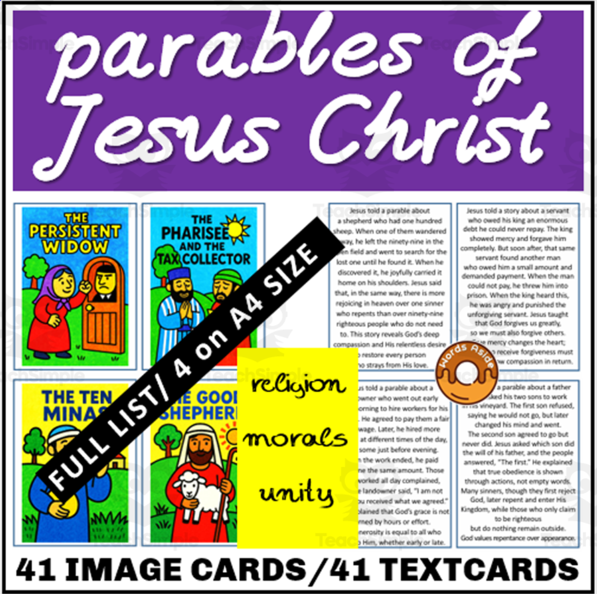 An educational teaching resource from WORDS ASIDE entitled Parables of Jesus Bible Book Covers Info Text FlashCards downloadable at Teach Simple.